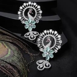 Zeneme Rhodium Plated AD Crystal Peacock Drop Earrings-image-15
