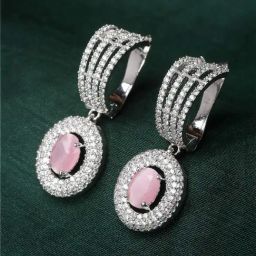 Zeneme Rhodium Plated Pink AD Studded Circular Shaped Drop Earrings-30