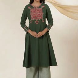 W Green Cotton Embroidered Flared Kurta-31