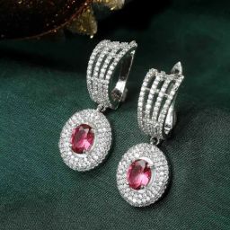 Zeneme Rhodium Plated Red AD Studded Circular Shaped Drop Earrings-35