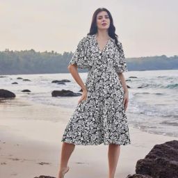 PURVAJA Black & White Floral Print A Line Dress-image-101