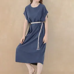 RAREISM Blue Cotton Solid Short Sleeves Dress-picture-5
