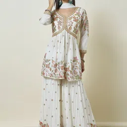 Soch Floral Embroidered Empire Sequinned Anarkali Kurti with Sharara & Dupatta-image-73