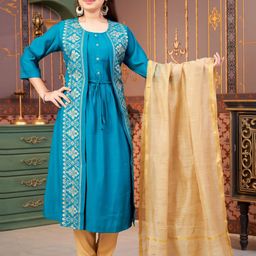Sangria Girls Ethnic Motifs Foil Printed Silk A-Line Kurta-46