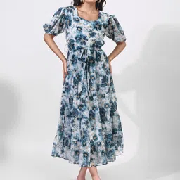 Fbella Floral Print Puff Sleeve Georgette Fit & Flare Midi Dress-image-11