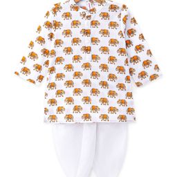 Babyhug 100% Cambric Full Sleeve Elephant Printed Kurta With Solid Dhoti Set - White-image-23