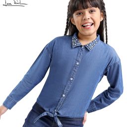 Arias Cotton Woven Full Sleeves  Knotted  Embellished Light Washed  Top - Blue-image-25