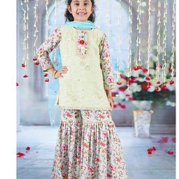 Little Bansi Full Sleeves Floral Printed & Embroidered Coordinating Kurta Sharara With Dupatta Set -  Antique Green-picture-37