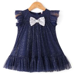 Babyhug Sleeveless Party Frock with Frill & Glitter Detailing Bow Applique-image-39