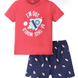 Doodle Poodle 100% Cotton Half Sleeves Night Suit Space Print - Red & Navy-image-2