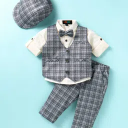 Robo Fry Lycra Knit Full Sleeves Checkered 3 Piece Party Suit with Bow & Hat - Grey-image-84
