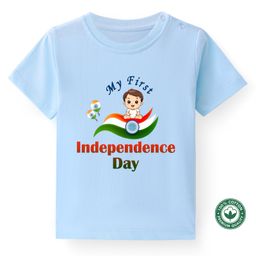 BLUSHES 100% Cotton Independence Day Theme Half Sleeves My First Independence Day Text Printed Tee - Powder Blue-image-68