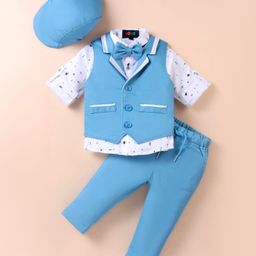 Robo Fry Lycra Knit Full Sleeves Printed 3 Piece Party Suit With Bow & Hat - Light Blue-image-73