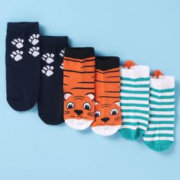 Cute Walk by Babyhug Cotton Knit Ankle Length Striped & Tiger Print Socks - Orange Navy Blue & White-image-57
