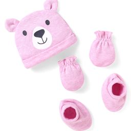 Babyhug 100% Cotton Knit Cap Mittens & Booties With Bear Applique Pink - Diameter 10.5 cm-12