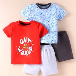 OHMS Sinker Knit Half Sleeves T-Shirts & Shorts Set With Text & Animal Print Pack of 2 - Red & Light Blue-picture-16