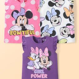 Babyhug Disney Single Jersey Knit Frill Sleeve Tops with Minnie & Friends Graphic Pack of 3 - White Pink & Purple-image-64
