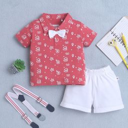 BUMZEE Cotton Knit Half Sleeves Nautical Theme Printed T-Shirt & Short Set with Suspender & Bow Applique - Red & White-image-96