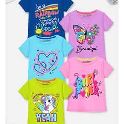 Trampoline Cotton Blend Pack Of 5 Half Sleeves Hearts & Typography Printed Tees - Multi Colour-image-42