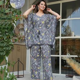 Aujjessa Cotton Batwing Sleeves Floral Printed & Lace Embellished Maternity Feeding Night Suit with Concealed Zipper Nursing Access - Grey Multi-image-90