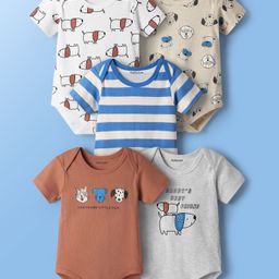 Babyoye Eco Conscious 100% Cotton Knit Half Sleeves Onesies with Animal Print & Stripes Pack of 5 - Multicolor-image-50