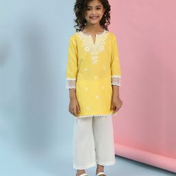 BIBA Cotton Three Fourth Sleeves Floral Printed Lace Detailed Kurta Palazzo Set - Yellow-picture-18