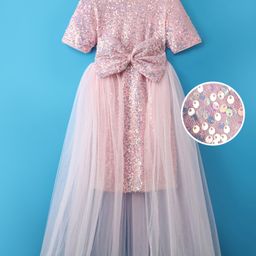 Hola Bonita Knit Half Sleeves Shimmer Party Dress with Veil Bow Applique & Sequin Detailing - Pink-image-42