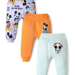 Babyhug Disney 100% Cotton Full Length Diaper Leggings With Mickey Mouse And Family Graphics Pack Of 3 - Orange Lavender & Light Green-image-62