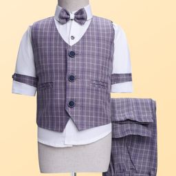 Rikidoos Full Sleeves Checked 3 Piece Party Suit With Bow Set - Light Purple & White-image-99