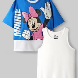 Pine Kids Disney Single Jersey Knit Half Sleeves Oversize Overlapped Drop Shoulder T-Shirt with Tank Top and Minnie Mouse Graphics - Blue & White-image-52