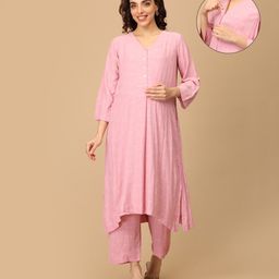 The Mom Store Rayon Knit Three Fourth Sleeves Abstract Printed Maternity & Nursing Kurta With Coordinating Pant Set - Pink-picture-28