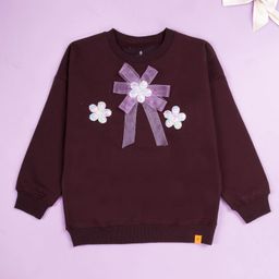 Kiddopanti Cotton Fleece Knit Full Sleeves Flower & Sequin Embellished Sweatshirt - Wine-picture-13