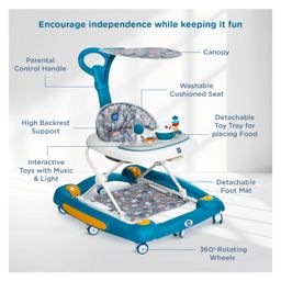 Mee Mee 360° Baby Activity Walker For 7 Level Adjustable Height, Musical Detachable Toy Bar & Light | Parental Push Handle, Anti-Rollover Folding Walker for Kids-Blue image 2