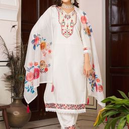 HERE&NOW Women Floral Embroidered Regular Thread Work Chanderi Silk Kurta with Trousers & With Dupatta-picture-49