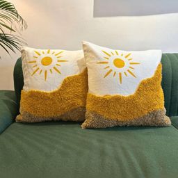LUSHLYF Tufted White & Yellow 2 Pieces Abstract Textured Cotton Square Cushion Covers-41