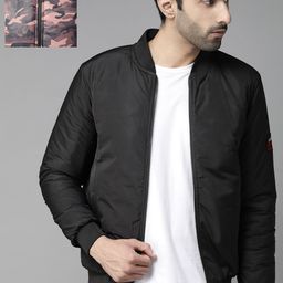 Roadster Men Black & Peach-Coloured Camouflage Print Reversible Bomber Jacket-picture-1