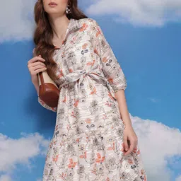 CORSICA Floral Print Self-Striped Puff Sleeve Shirt Style Dress-image-25
