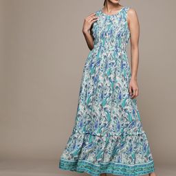 Label Ritu Kumar Turquoise Blue & White Ethnic Motifs Maxi Dress-image-2