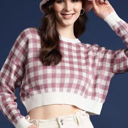 Mast & Harbour Self-Checked Drop-Shoulder Sleeves Cropped Acrylic Pullover-picture-35