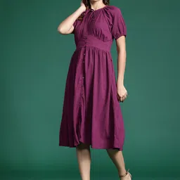 DressBerry Tie-Up Neck Puff Sleeve Fit & Flare Dress-image-72