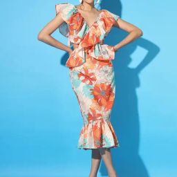Scorpius Orange Cotton Floral Print Midi Dress-image-5