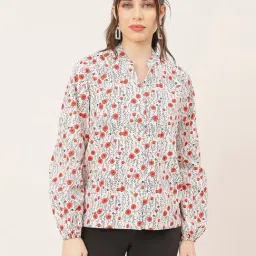 Moomaya Red & White Cotton Floral Print Shirt-image-80