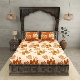 JaipurFabric Light Orange Cotton 180 TC Royal Heritage King Size Bedsheet with 2 Pillow Covers-image-46