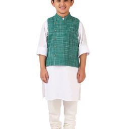 Fabindia Kids Green Checks Nehru Jacket-image-73