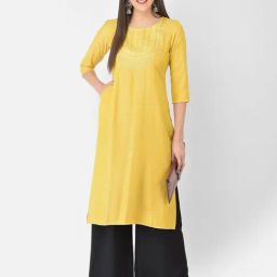 Span Yellow Embroidered Straight Kurta-image-27