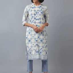 W Blue Floral Print Straight Kurta-image-68
