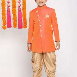 VASTRAMAY Kids Orange & Rose Gold Cotton Sherwani Set-image-53