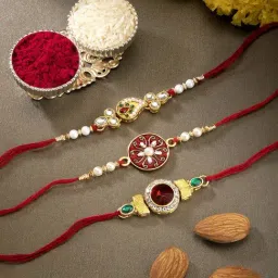 Peora Red Crystal Stone Thread Rakhi with Roli Chawal Greeting Card (Set of 3 Rakhi)-image-82