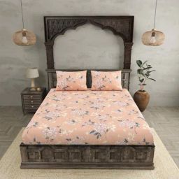 JaipurFabric Peach Pure Cotton 300 TC Tropical Floral King Size Bedsheet with 2 Pillow Covers-picture-31