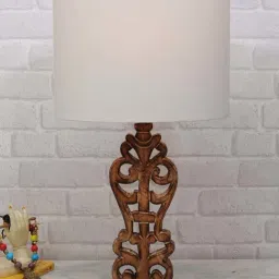 Homesake White & Green Wood Sculptural Hand Carved Table Lamp-image-4